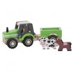 Traktor mit Anhänger mit Kuh und Pferd aus Holz 